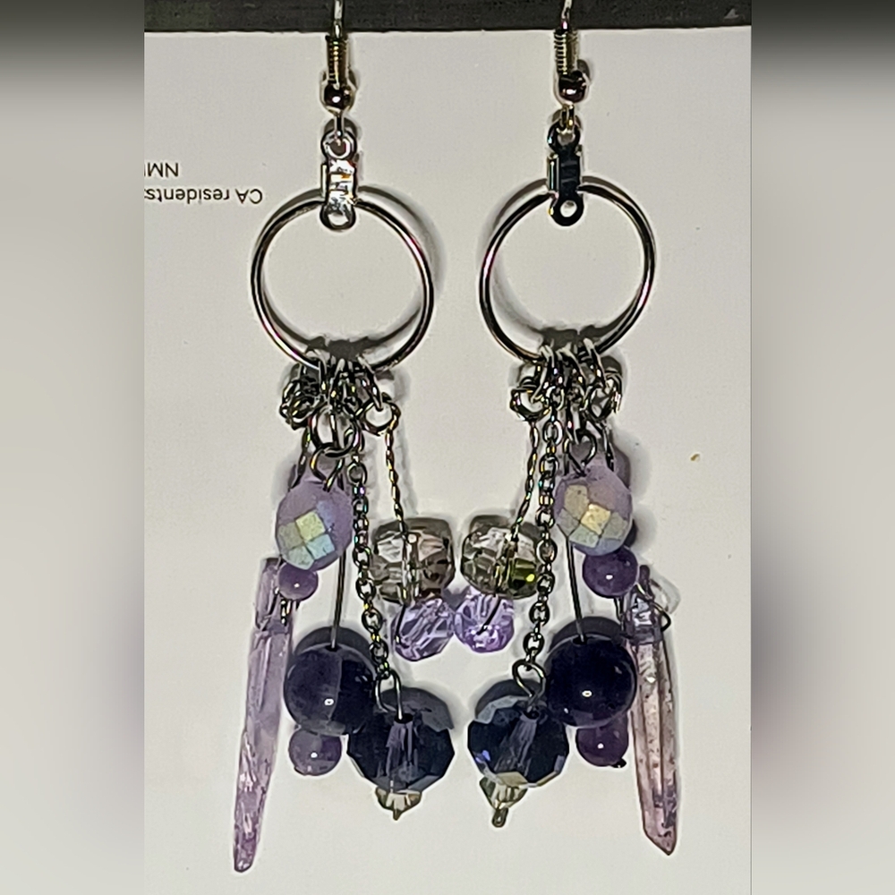 Elegant Amethyst & Quartz Crystal Drop Hoop Dangle Earrings